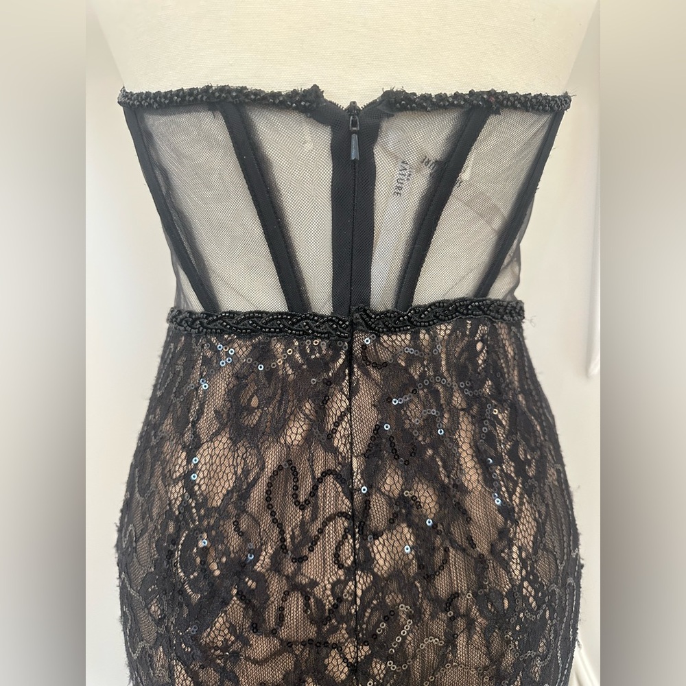 Galina Signature Black Formal Sequin Lace Mesh Strapless Corset Gown (Size 2) - Picture 7 of 16